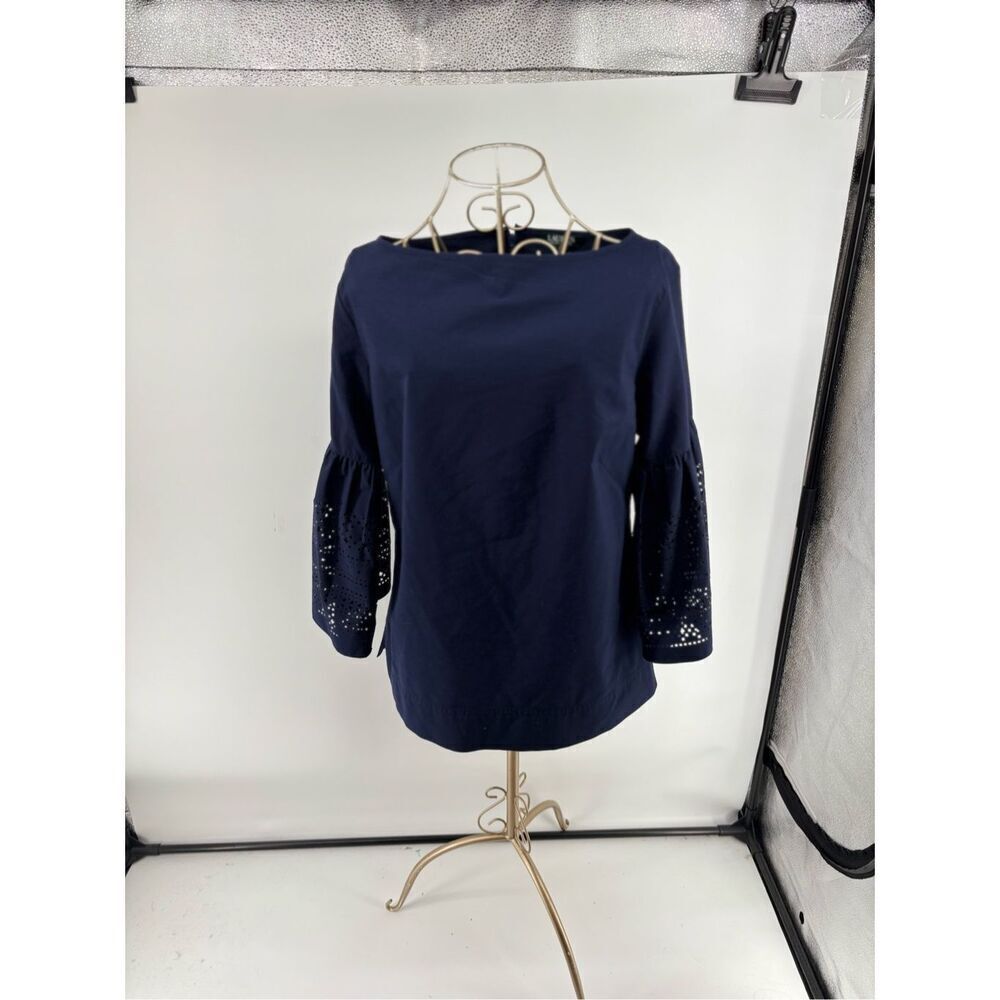 Lauren Ralph Lauren Blue Bell Sleeve Laser Cut Blouse XS Boat Neck